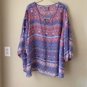 Catherines Blue and Pink Printed V-Neck Cold Shoulder Top